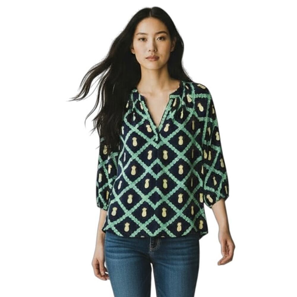 Crown & Ivy Women's Peasant Top PS Pineapple Print Navy Blue 3/4 Sleeve Blouse